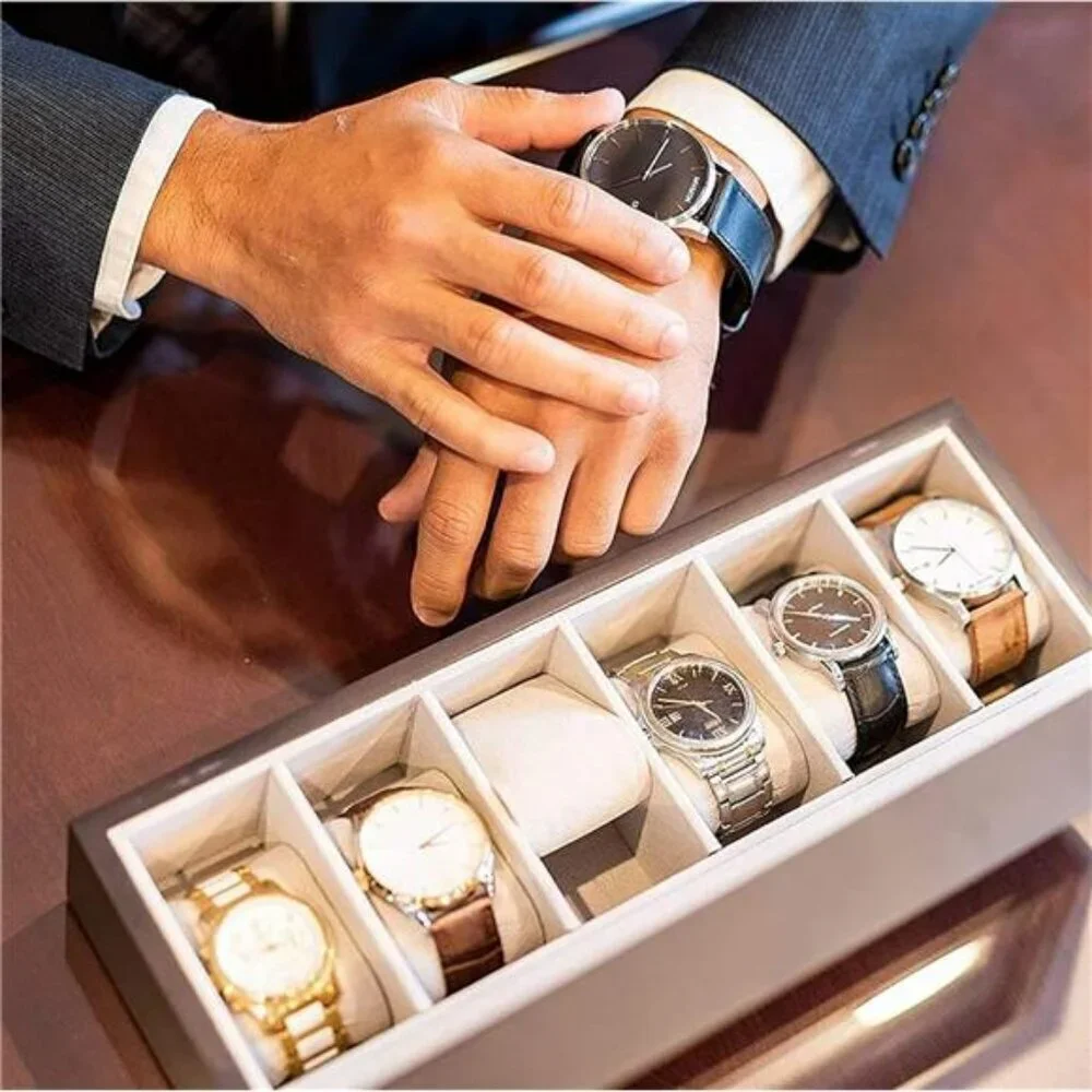 Wood Watch Box Organizer Glass Top Display Case for Men Women 6 Slot Storage